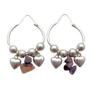 Sterling Silver Beads Hearts Rose Quartz Amethyst Jasper Dangle Hoop Earrings